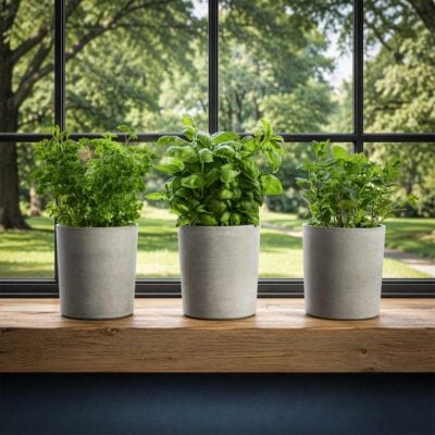 Concrete plant pot with water reservoir and basil