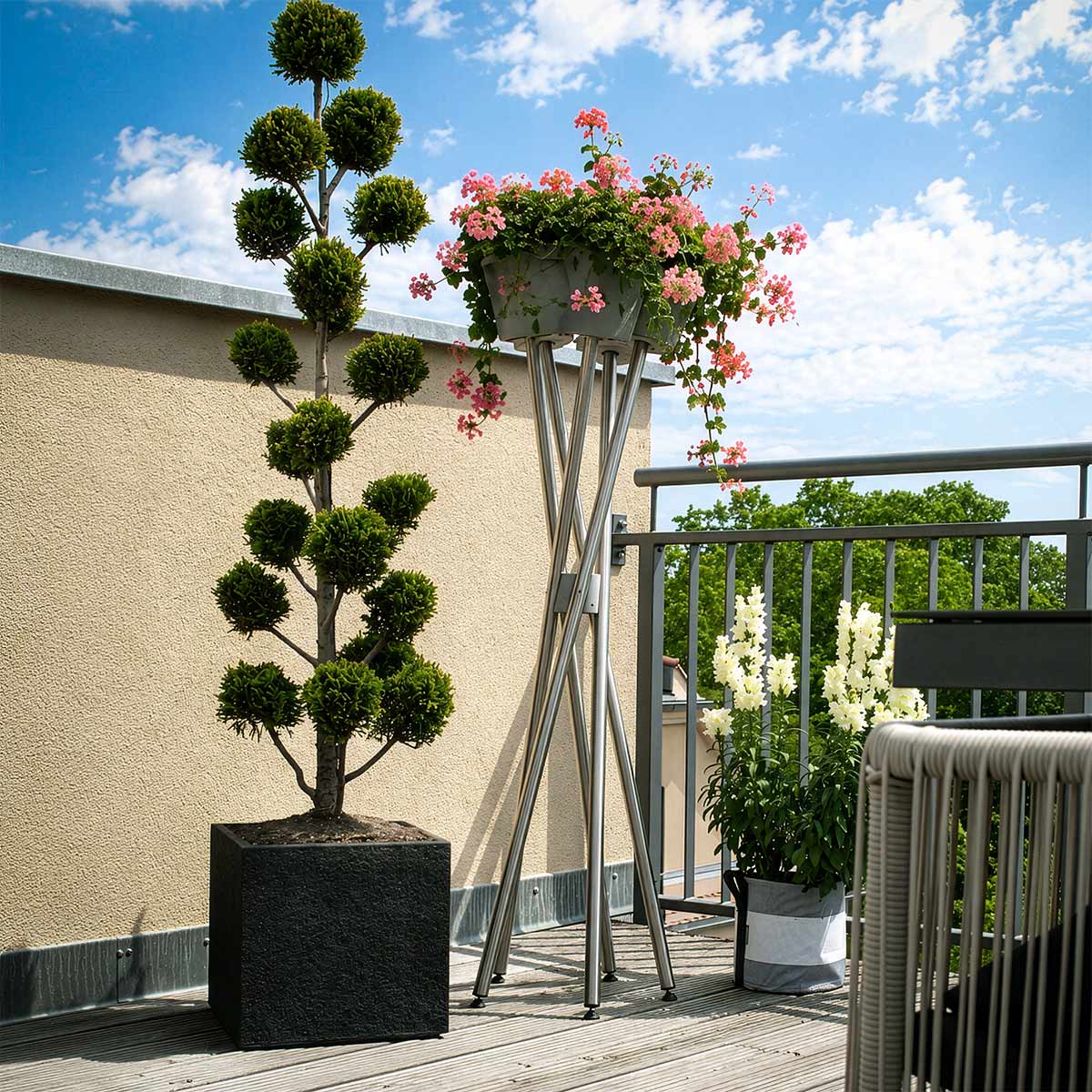 Pflanzenständer Edelstahl Auf Dachterrasse Mit Hängegeranien