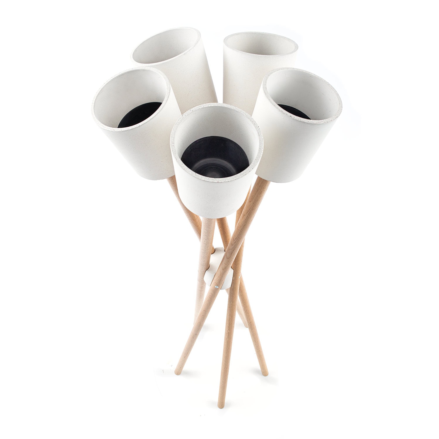 Plant stand and Five white cachpots with inner inserts