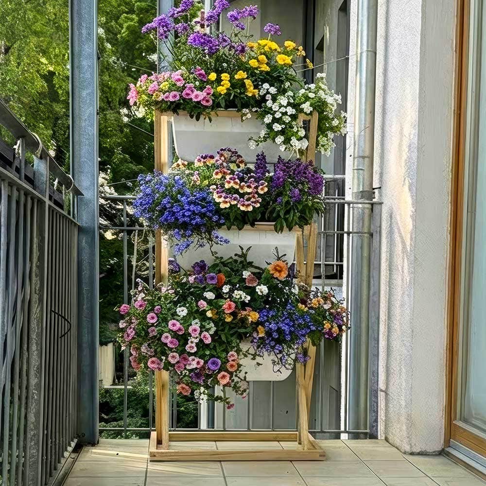 Vertikaler Garten Als Sichtschutz Mit Bunten Blühpflanzen Auf Einem Balkon