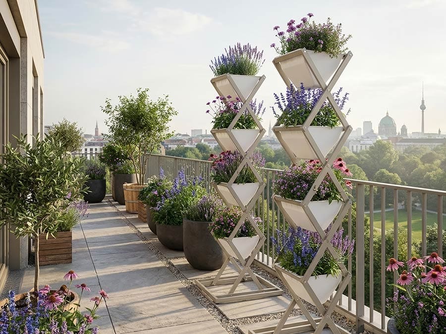 Klappbares Hochbeet Terrasse mit Blühpflanzen